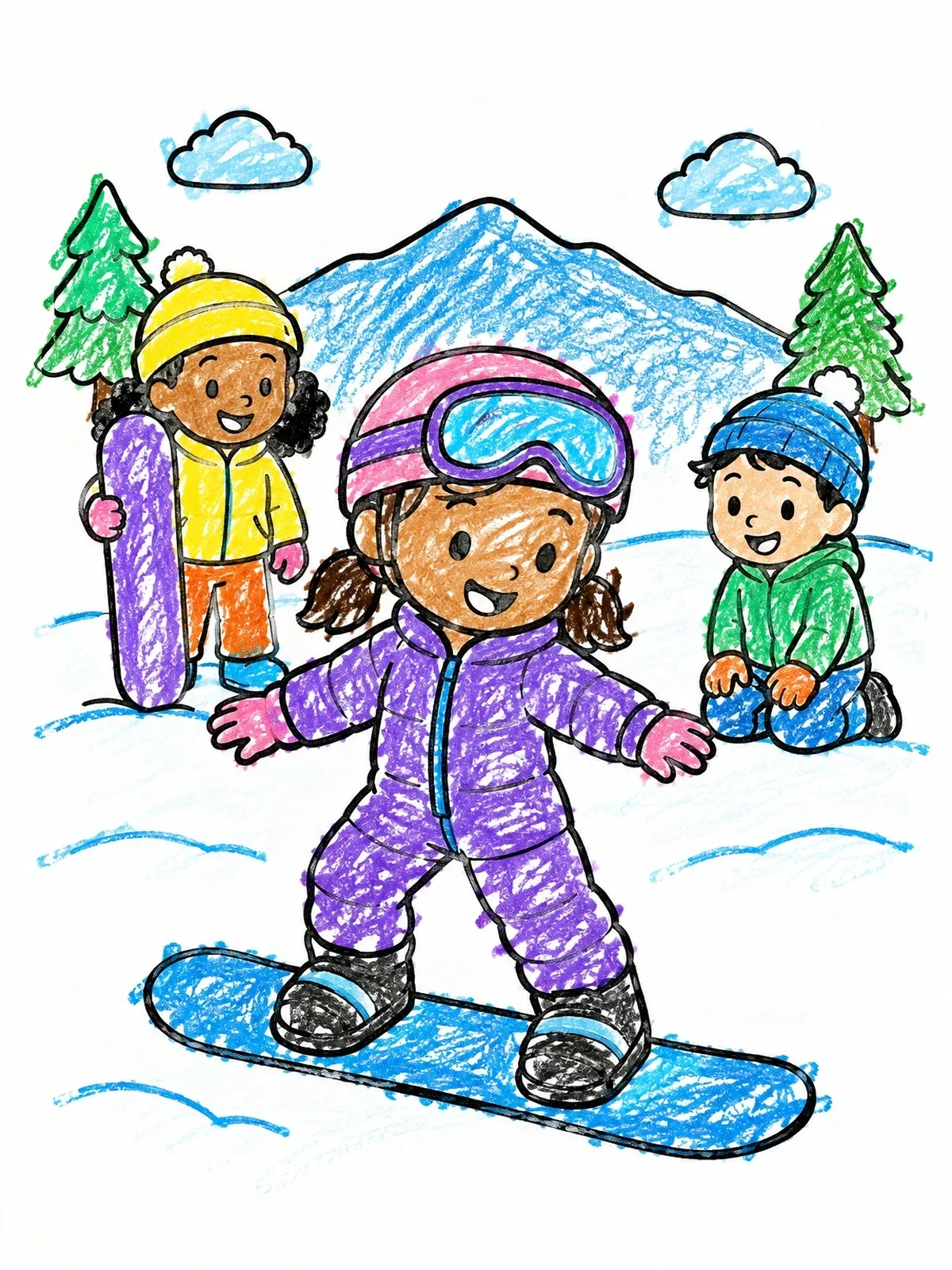 Colored example of the Young Girl Balancing On Snowboard coloring page