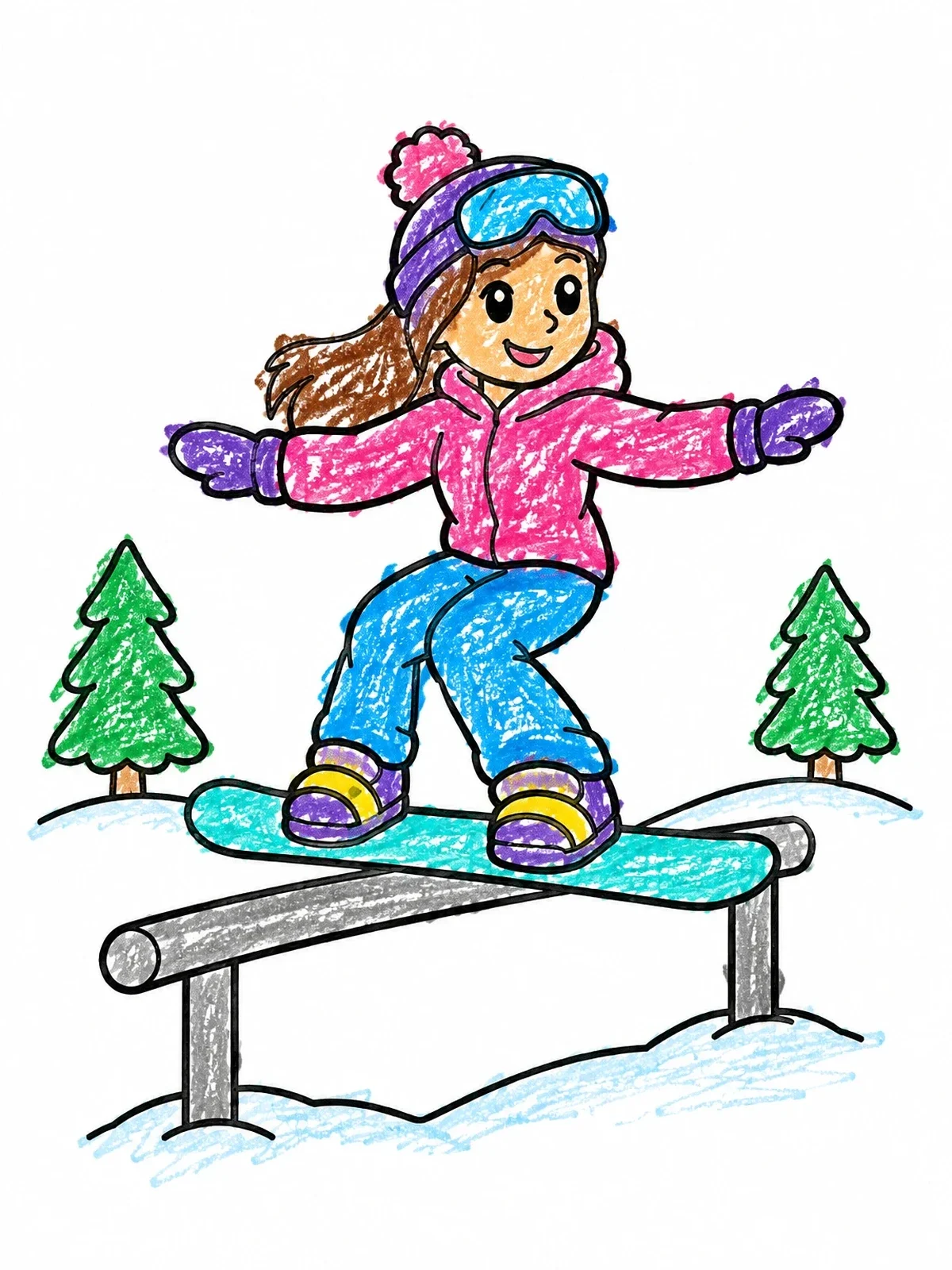 Colored example of the Young Snowboarder Balancing On A Rail coloring page
