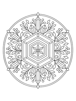 Intricate snowflake coloring page featuring a hexagonal crystal mandala with floral details.