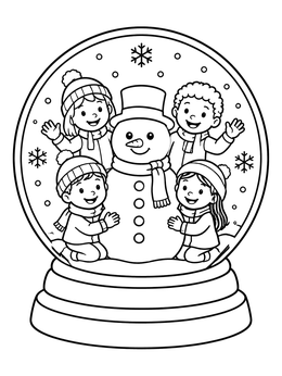 Happy children hugging a snowman inside this snowglobe coloring page.