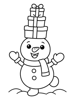 A happy snowman coloring page balancing three wrapped gift boxes on its head.