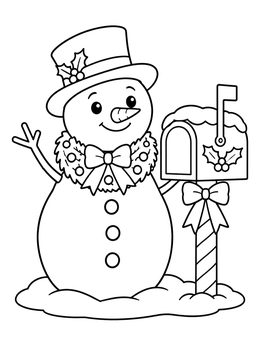 A friendly snowman coloring page featuring a top hat and a decorated mailbox.