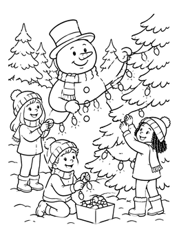 A friendly snowman coloring page with children hanging lights on a pine tree outdoors.