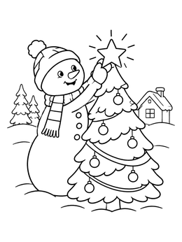 A cheerful snowman coloring page featuring a snowman placing a star on a tree.