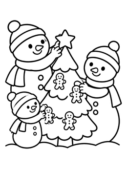 A sweet snowman coloring page showing a snowman family decorating a small tree with gingerbread men.