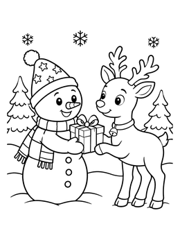 A friendly reindeer receives a wrapped gift from a snowman coloring page.