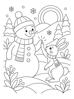 Snowman High-Fiving a Bunny Rabbit coloring page