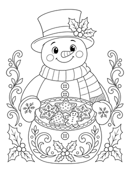 A festive snowman coloring page with a top hat holding a platter of decorated holiday cookies.