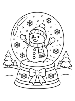 A snowman coloring page featuring a cheerful snowman inside a decorative snow globe.