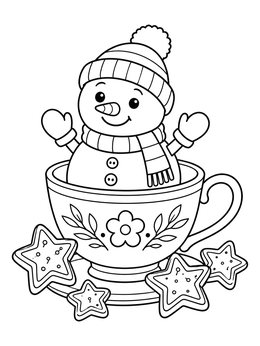 A cute snowman coloring page sitting inside a decorated teacup with star cookies.