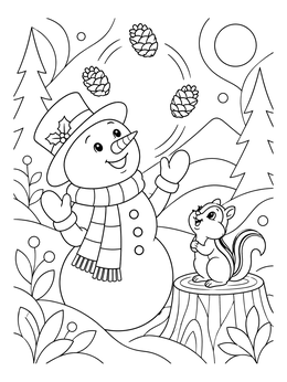A cheerful snowman coloring page featuring a juggling snowman watched by a cute chipmunk on a stump.