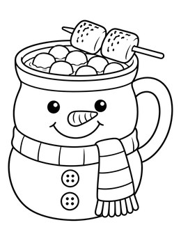 Snowman mug filled with sweets in this hot cocoa coloring page.