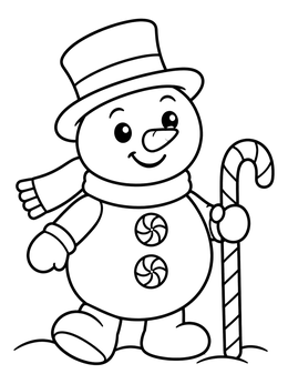 A smiling snowman holds a walking stick in this cute peppermint candy coloring page.