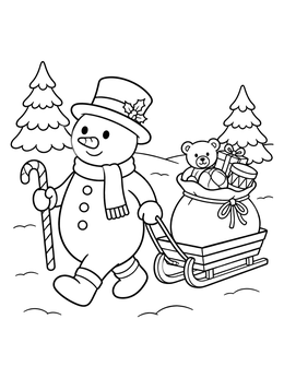 A friendly snowman coloring page with a walking cane pulling a sled full of toys.