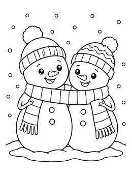 Two smiling winter snowmen share a striped scarf on this snowman coloring page.