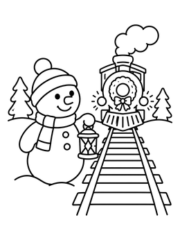 Free printable Snowman Welcoming Holiday Train coloring page
