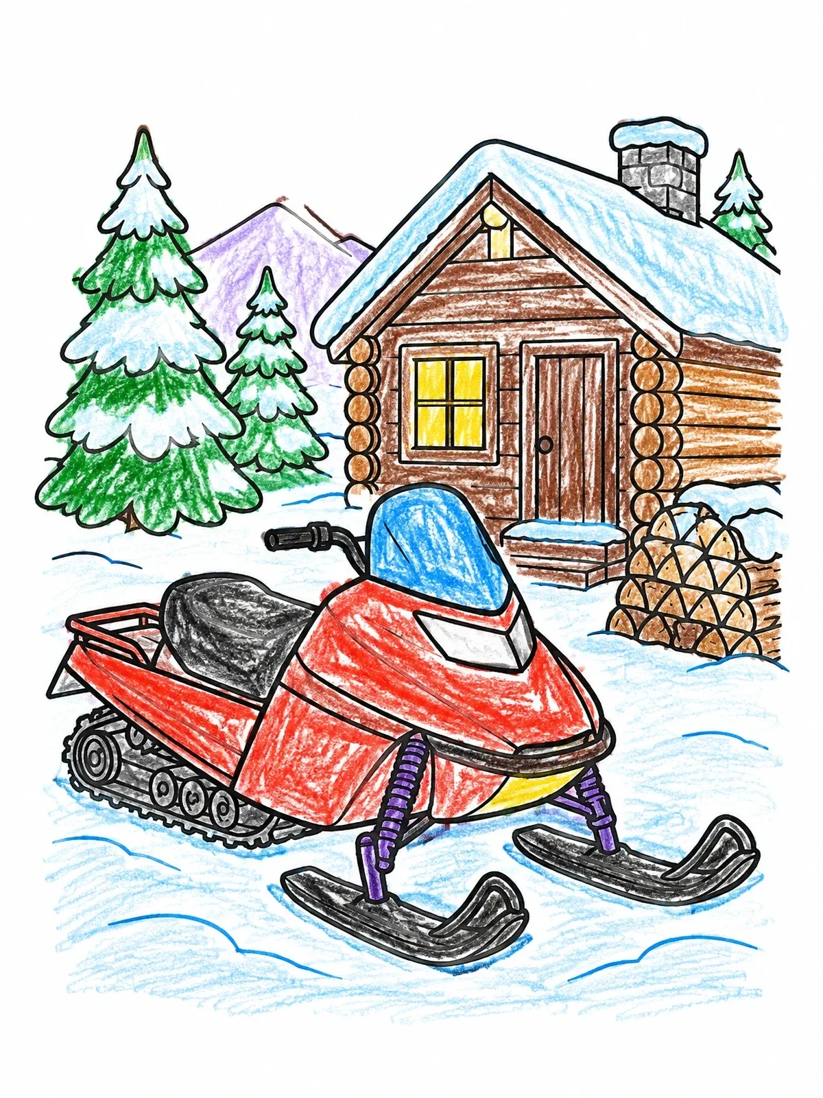 Colored example of the Snowmobile Parked By Log Cabin coloring page