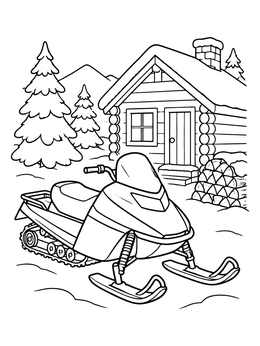 Free printable Snowmobile Parked By Log Cabin coloring page