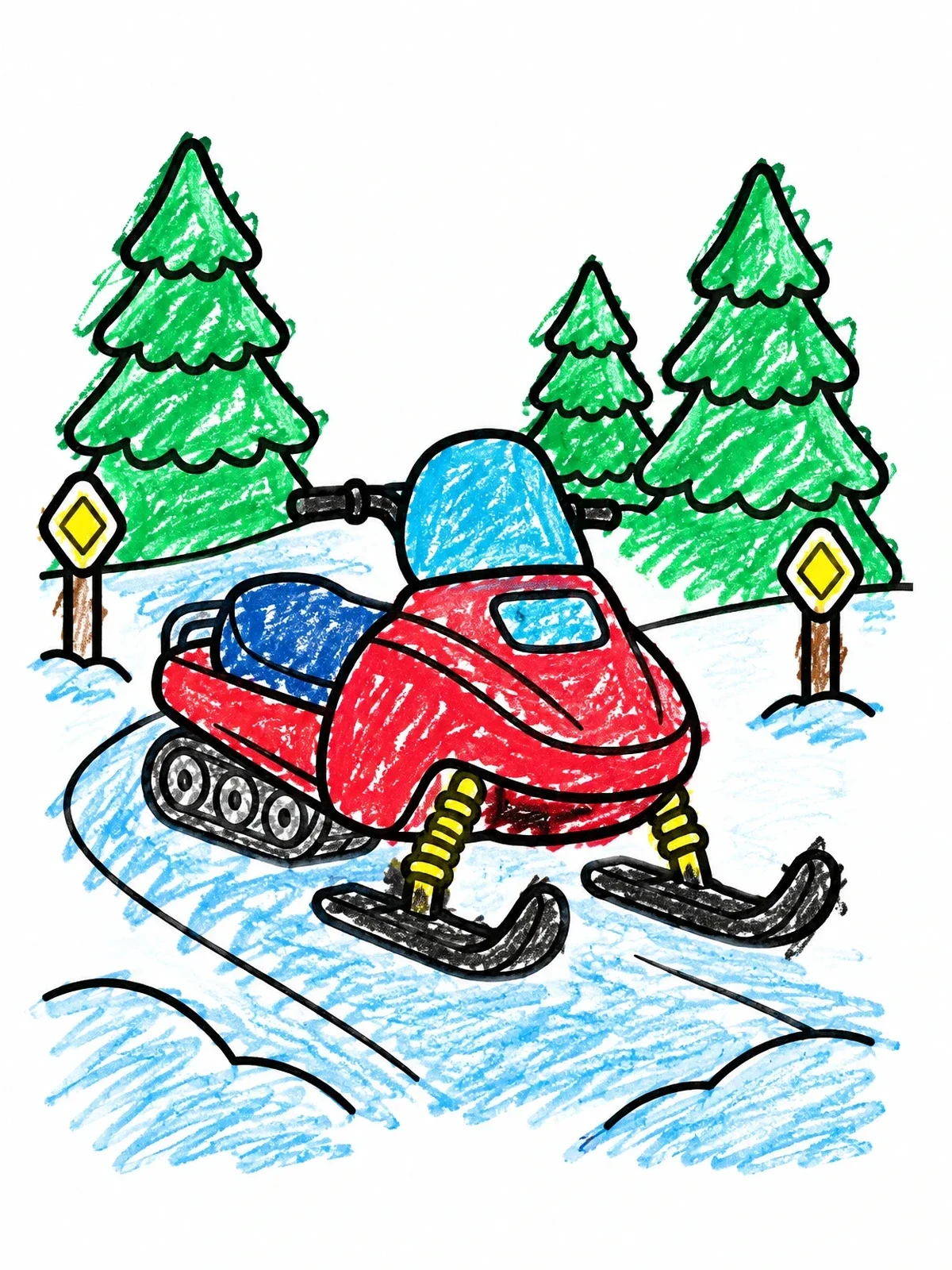 Colored example of the Snowmobile On Forest Winter Trail coloring page