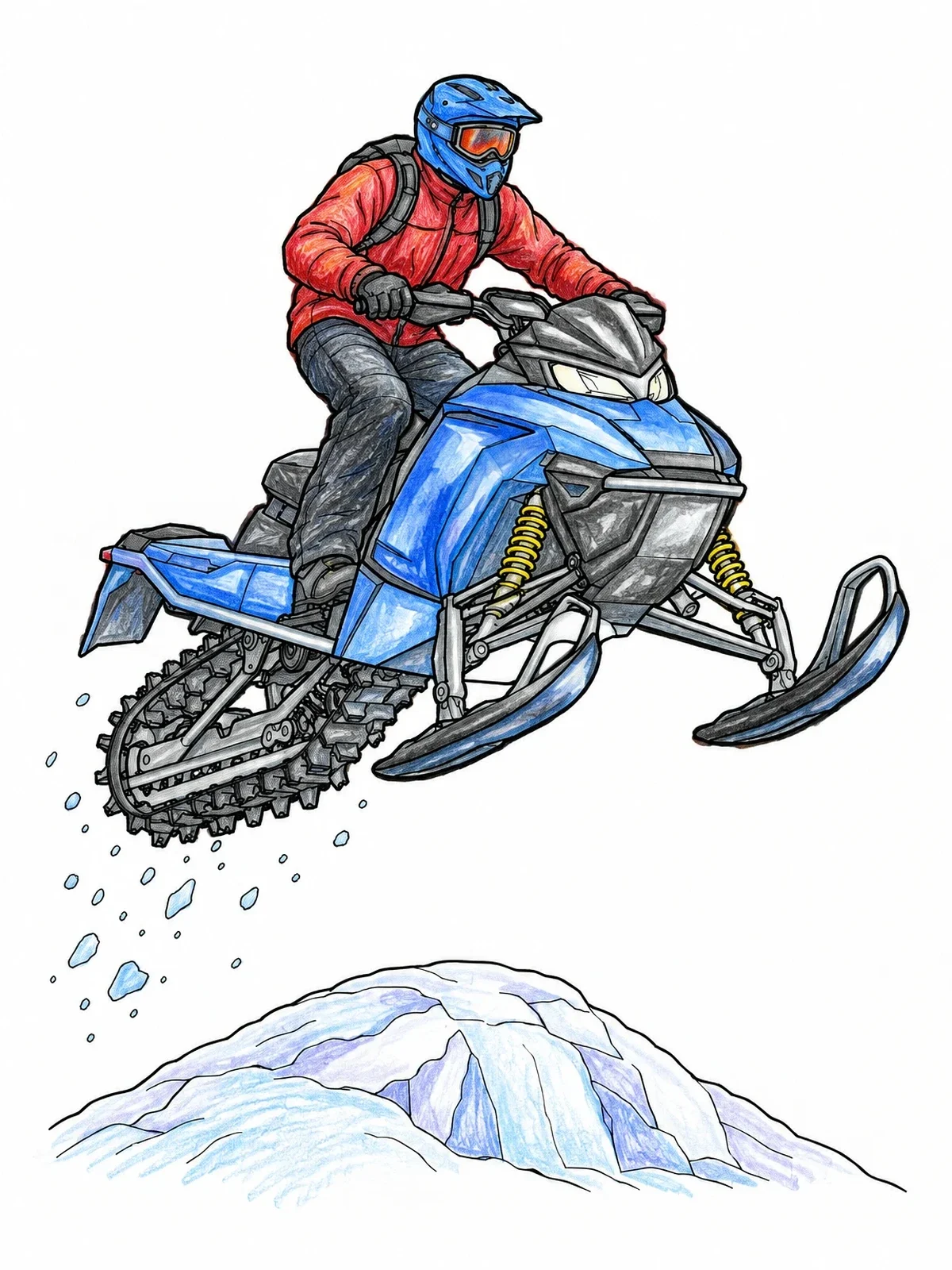 Colored example of the Snowmobile Jumping Over Snow Mound coloring page