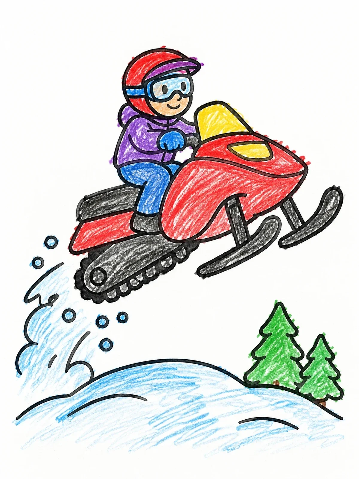 Colored example of the Snowmobile Jumping Over Snowy Hill coloring page