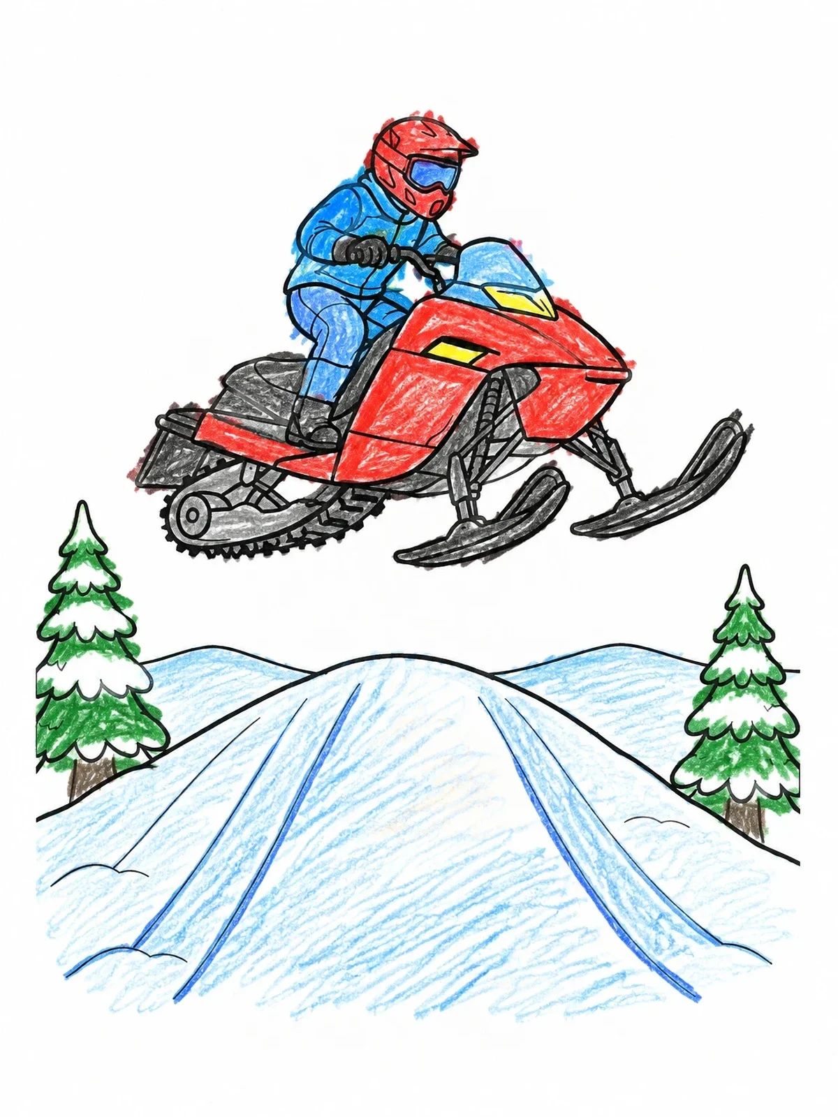 Colored example of the Snowmobile Jumping Over Snowy Hill coloring page