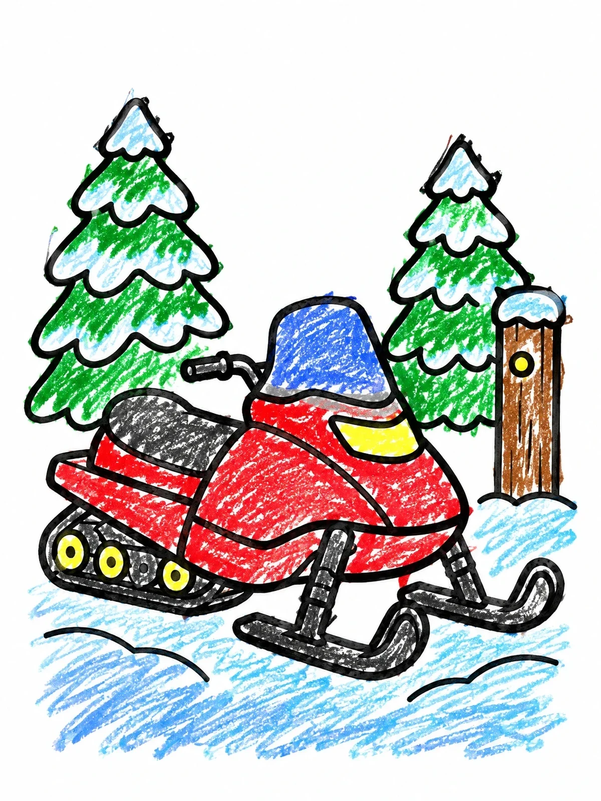 Colored example of the Snowmobile Parked Near Pine Trees coloring page