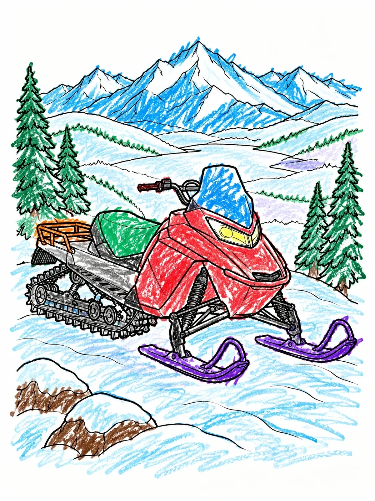 Colored example of the Snowmobile On A Mountain Ridge coloring page