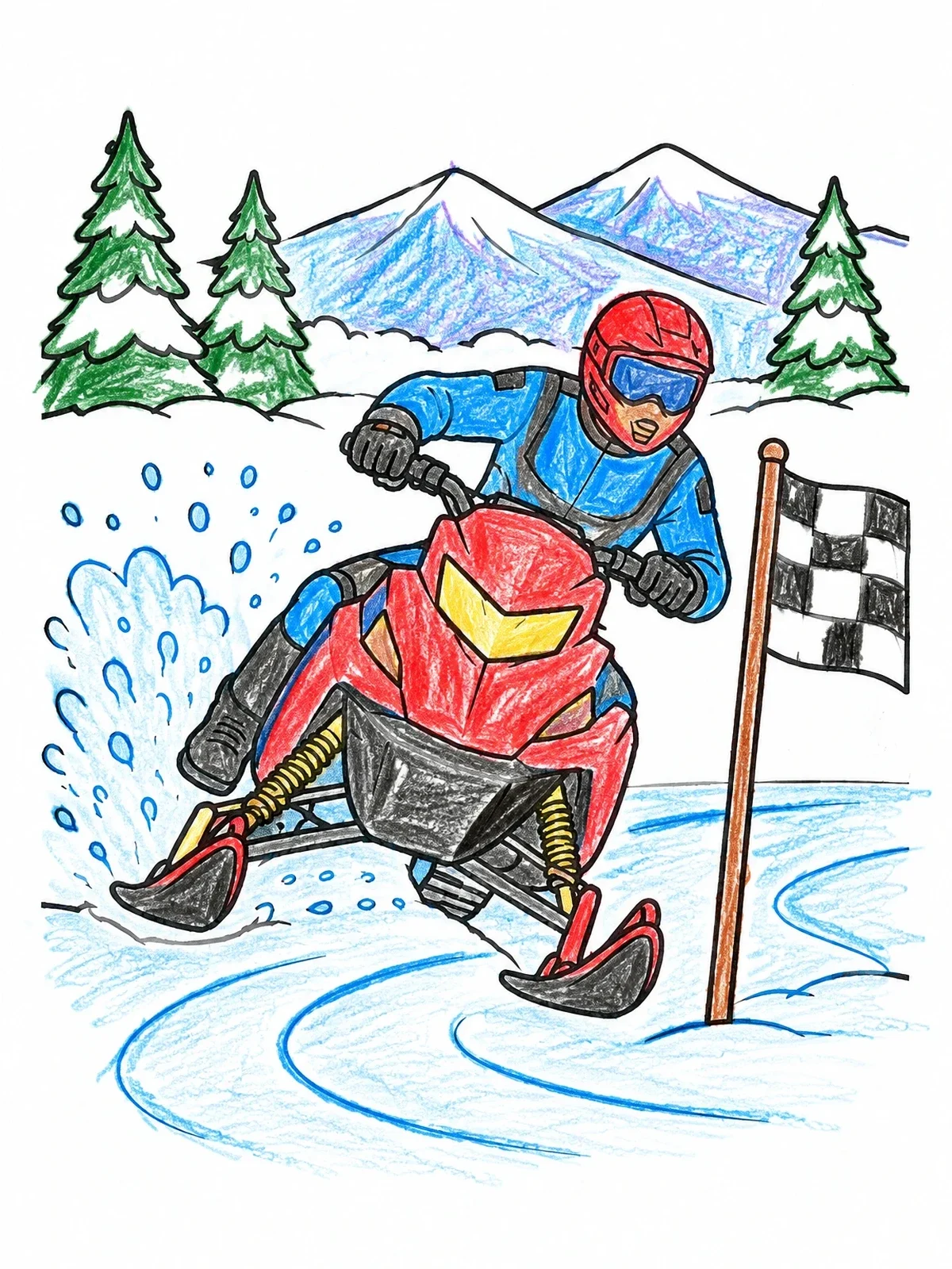 Colored example of the Snowmobile Racer Circling The Flag coloring page