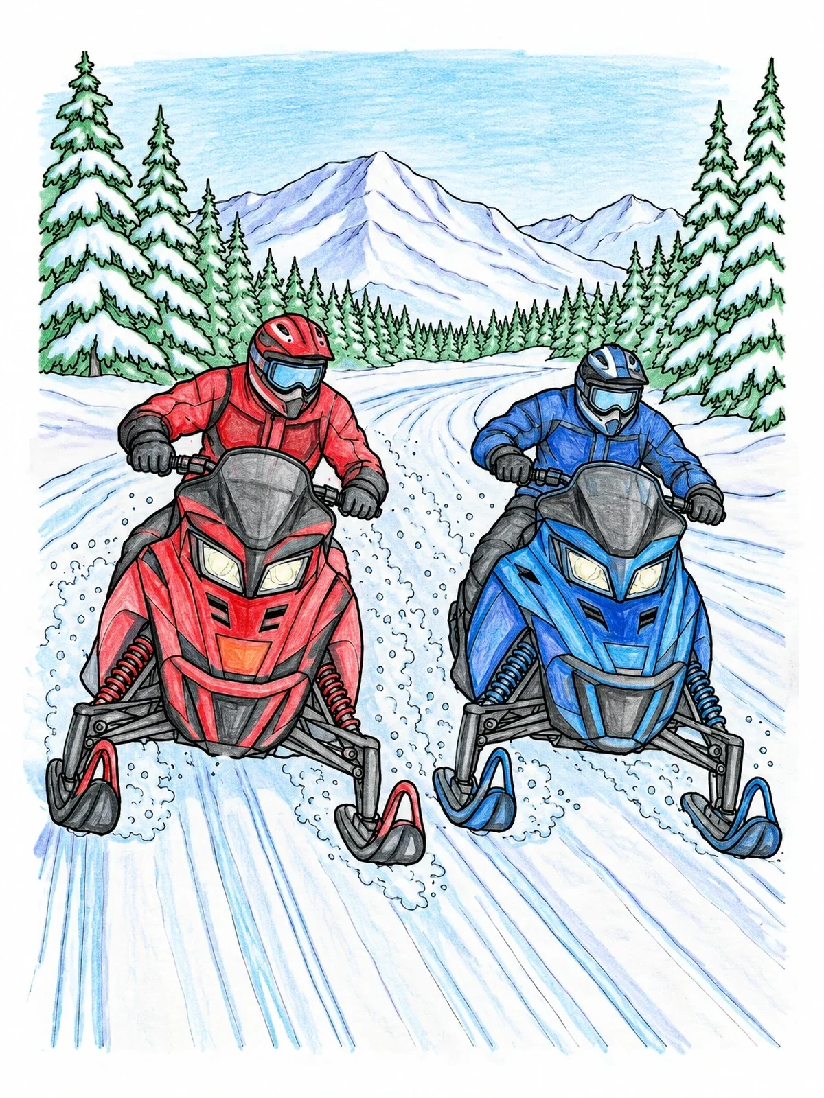 Colored example of the Racing Snowmobiles In Mountain Landscape coloring page