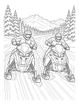 Free printable Racing Snowmobiles In Mountain Landscape coloring page