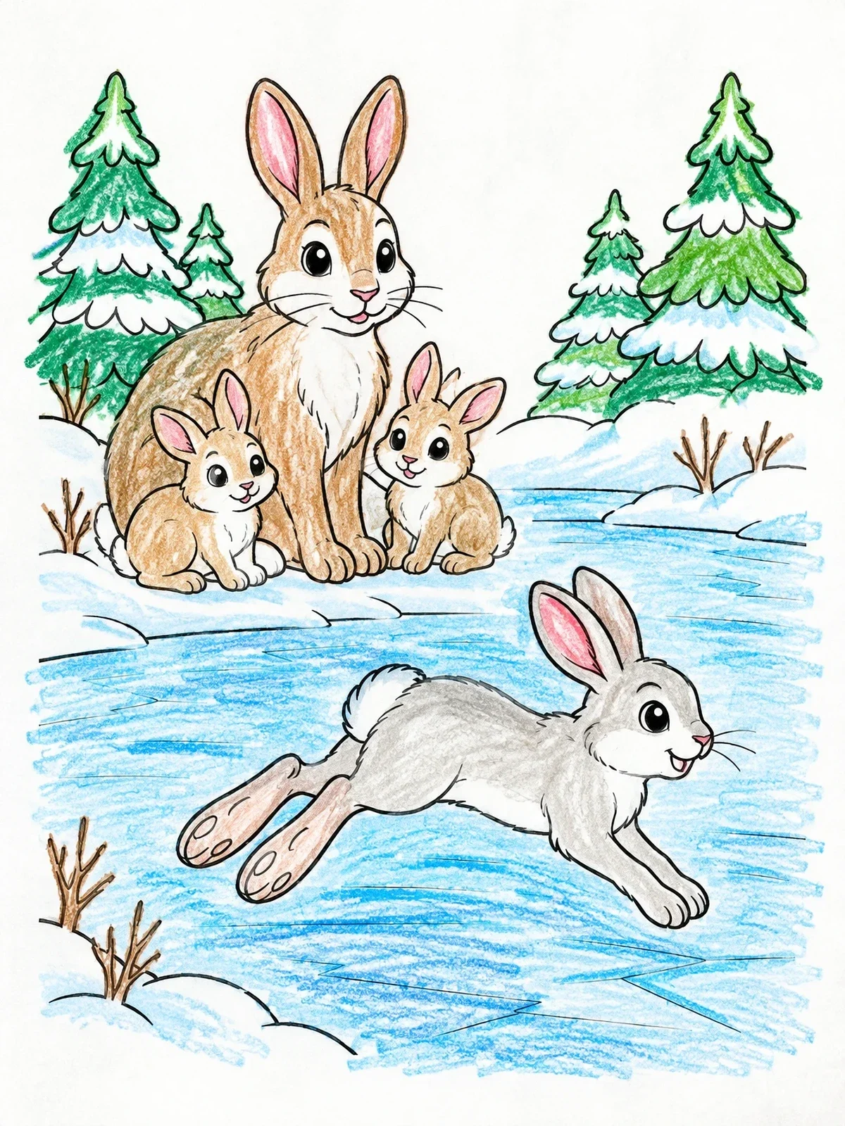 Colored example of the Snowshoe Hare Family In Winter Forest coloring page
