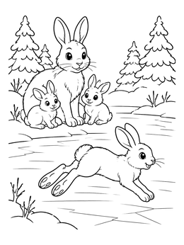 Free printable Snowshoe Hare Family In Winter Forest coloring page