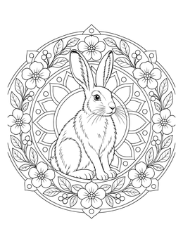 Detailed snowshoe hare coloring page surrounded by a circular mandala frame with flowers.