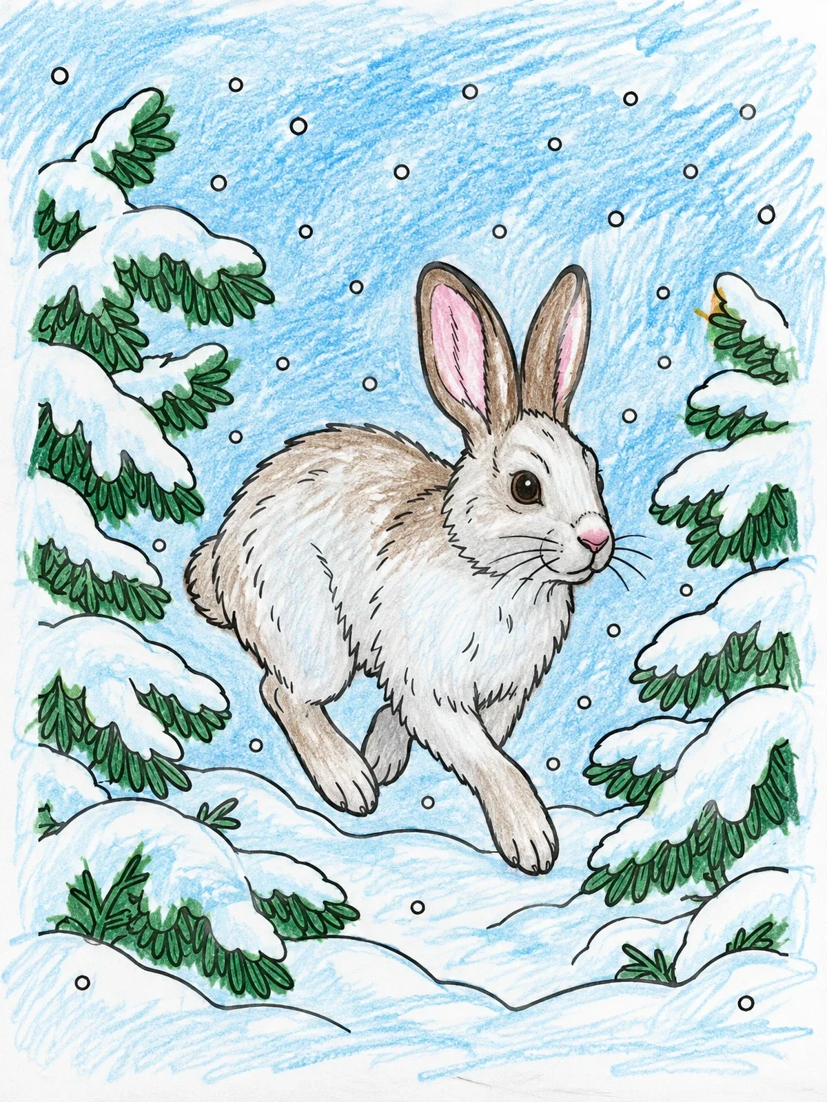 Colored example of the Snowshoe Hare Leaping Through Winter Forest coloring page