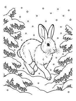 Free printable Snowshoe Hare Leaping Through Winter Forest coloring page