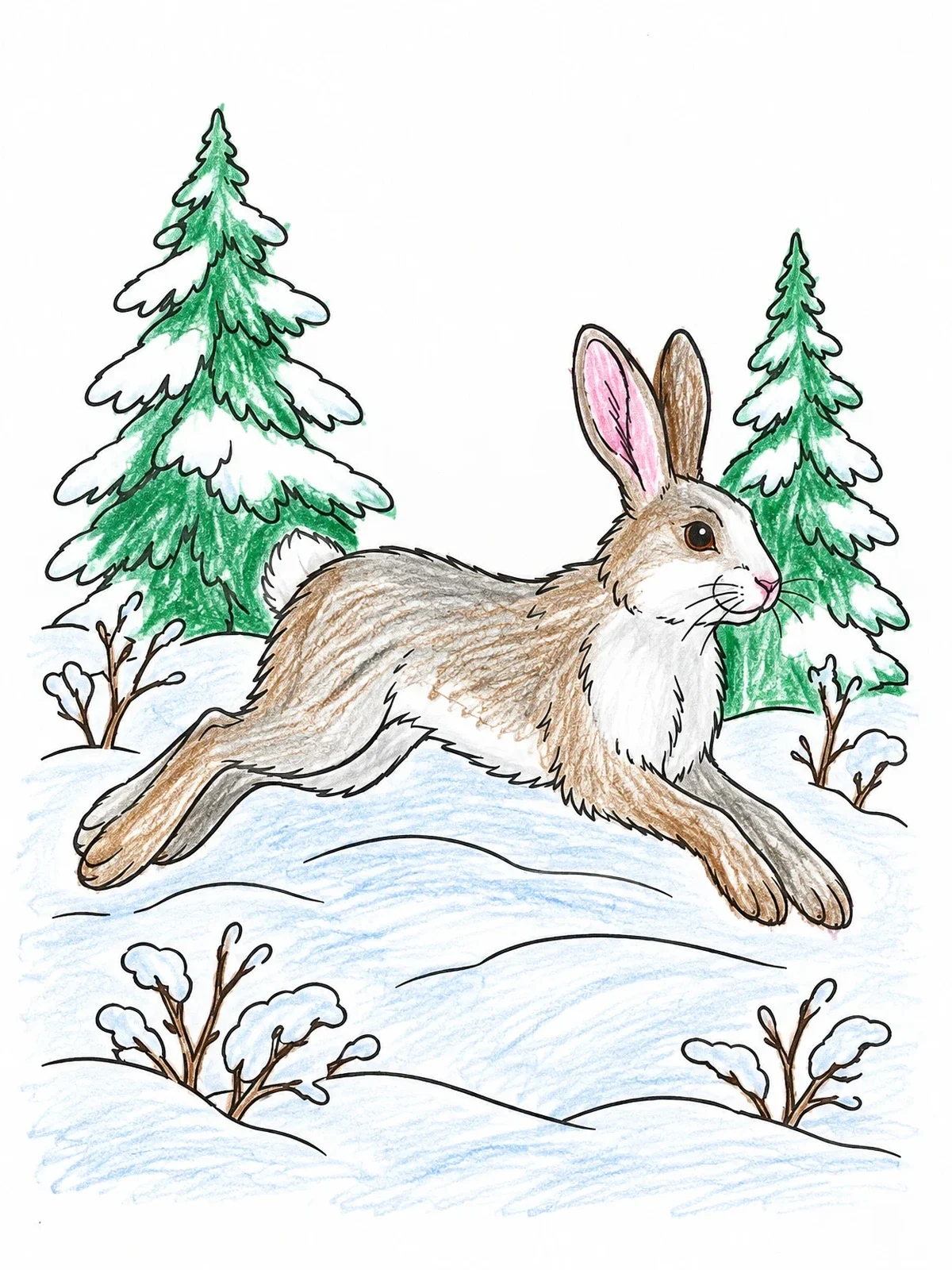 Colored example of the Snowshoe Hare Leaping Through Winter Forest coloring page