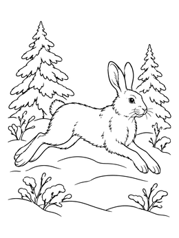 Free printable Snowshoe Hare Leaping Through Winter Forest coloring page