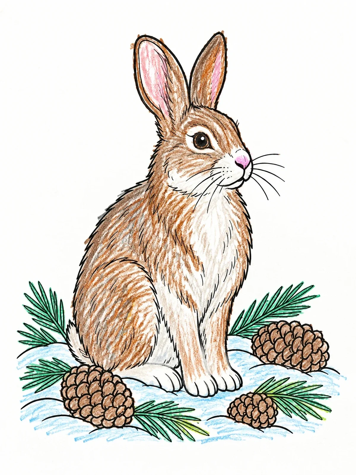 Colored example of the Snowshoe Hare With Pine Cones coloring page