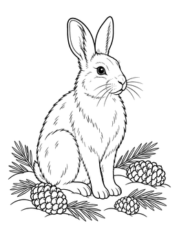 A detailed snowshoe hare coloring page sitting upright among pine cones and needles.