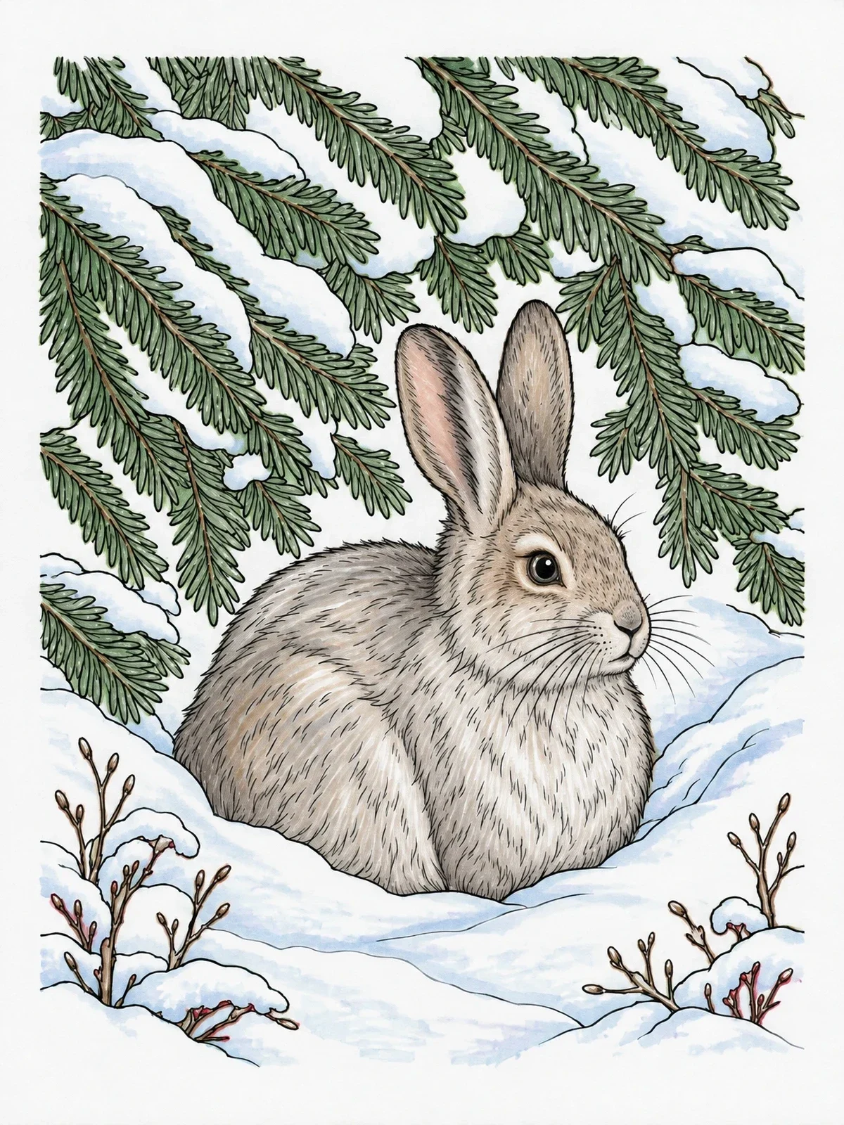 Colored example of the Snowshoe Hare Under Evergreen Branches coloring page