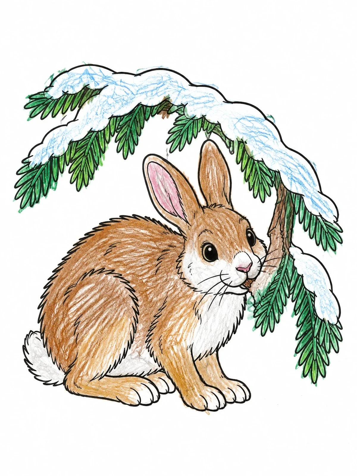 Colored example of the Cute Snowshoe Hare Under Spruce Branch coloring page