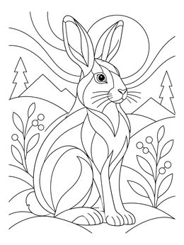 A stylized snowshoe hare in a landscape on this winter animals coloring page.