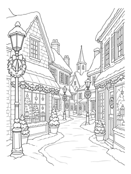 Free printable Snowy Christmas Village Street coloring page