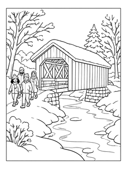 A family walks past a wooden covered bridge in this snowy day coloring page.