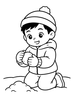 A smiling boy kneels outdoors in this snowy day coloring page as he shapes a snowball.