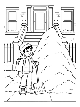 Free printable Child Shoveling Beside City Stoop coloring page