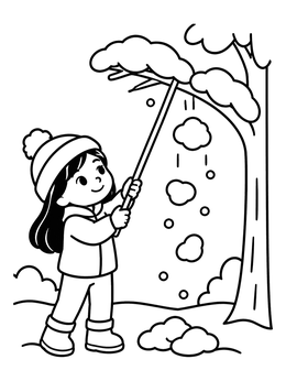 Free printable Child Tapping Snow From Tree coloring page