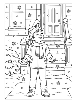 A smiling child enjoys falling snow in this snowy day coloring page featuring city brownstone steps.