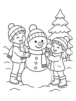 Free printable Children Building A Snowman Outdoors coloring page